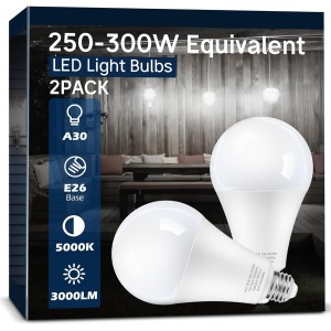 helloify 250-300W Equivalent LED Light Bulbs, 3000 Lumens Daylight White 6500K 30W A30 LED Bulbs for Garage, Warehouse, Workshop, Commercial, Office, Backyard, E26 Base Light Bulb Non-Dimmable, 2-Pack